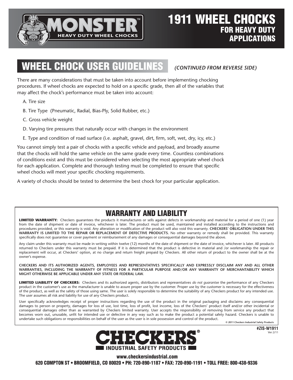 1911 wheel chocks, Wheel chock user guidelines, Warranty and liability | For heavy duty applications | Checkers Monster 1911 Wheel Chocks User Guidelines User Manual | Page 2 / 2