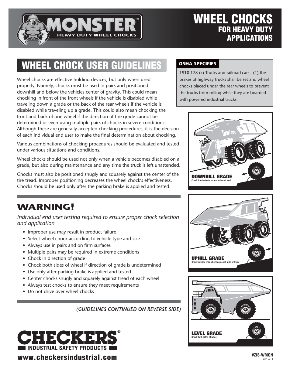 Checkers Monster Wheel Chocks User Guidelines User Manual | 2 pages