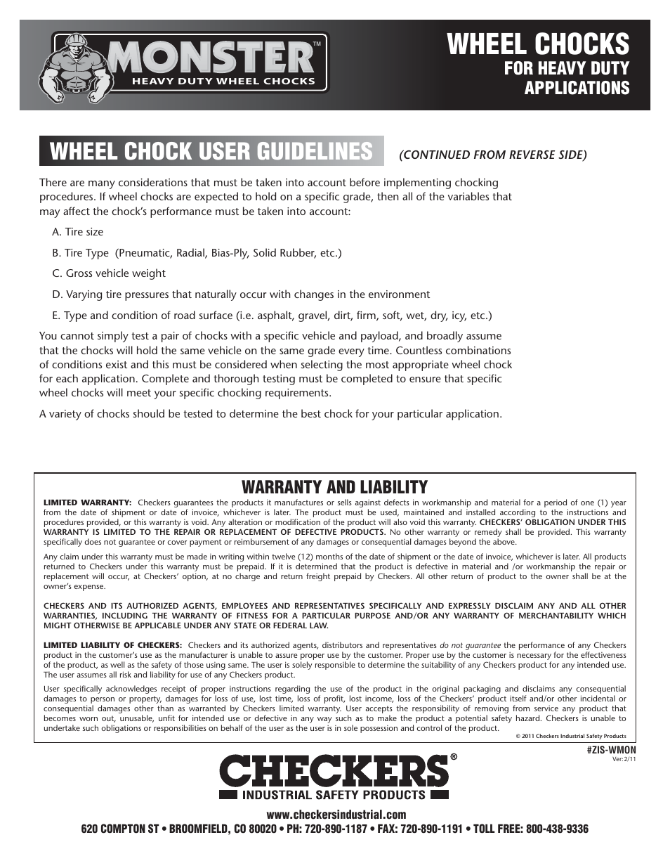 Wheel chocks, Wheel chock user guidelines, Warranty and liability | For heavy duty applications | Checkers Monster Wheel Chocks User Guidelines User Manual | Page 2 / 2