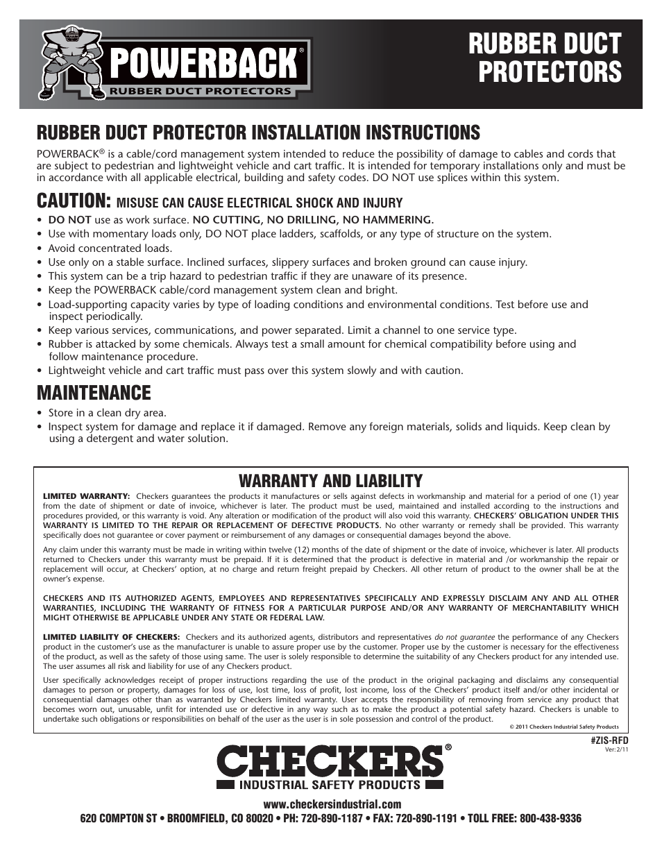 Rubber duct protectors, Rubber duct protector installation instructions, Caution | Maintenance, Warranty and liability | Checkers Powerback Rubber Duct Protectors User Manual | Page 2 / 2