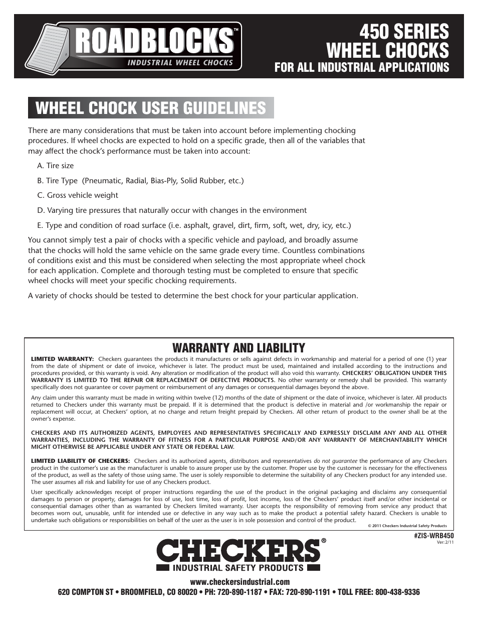 450 series wheel chocks, Wheel chock user guidelines, Warranty and liability | For all industrial applications | Checkers Roadblocks 450 Wheel Chocks User Guidelines User Manual | Page 2 / 2
