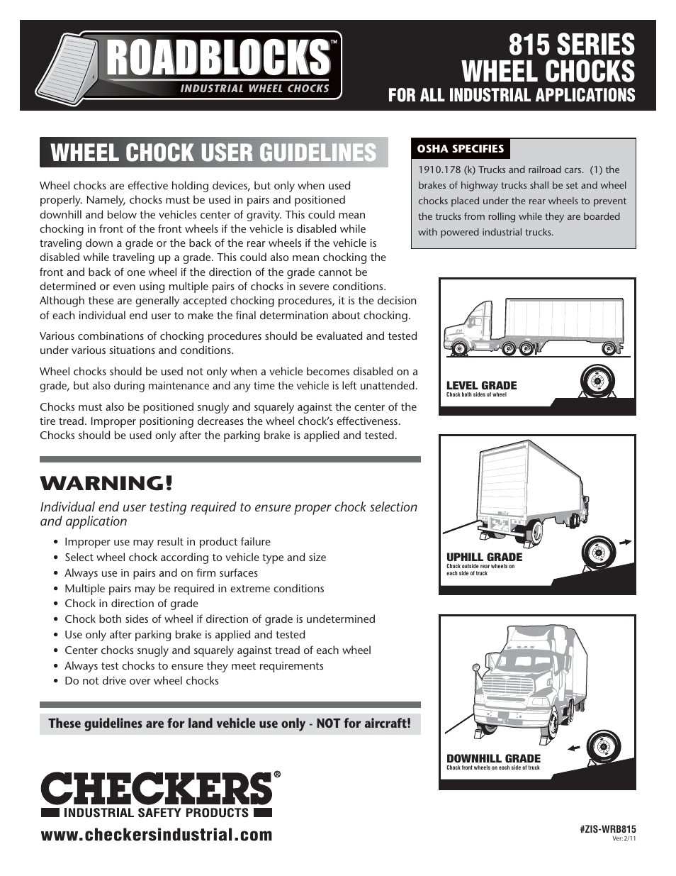 Checkers Roadblocks 815 Wheel Chocks User Guidelines User Manual | 2 pages