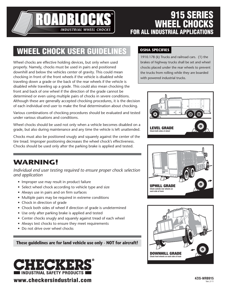 Checkers Roadblocks 915 Wheel Chocks User Guidelines User Manual | 2 pages