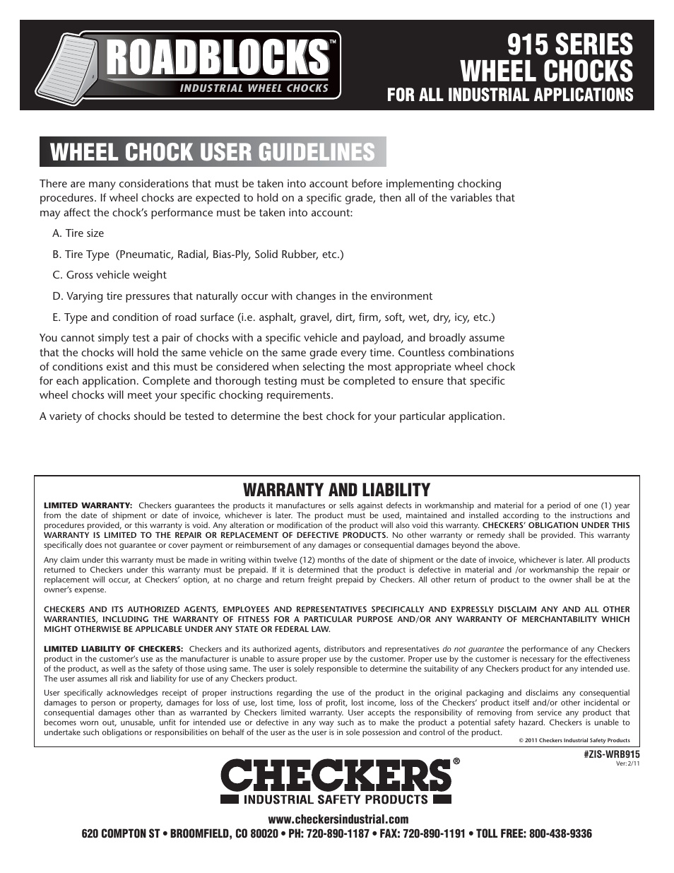 915 series wheel chocks, Wheel chock user guidelines, Warranty and liability | For all industrial applications | Checkers Roadblocks 915 Wheel Chocks User Guidelines User Manual | Page 2 / 2