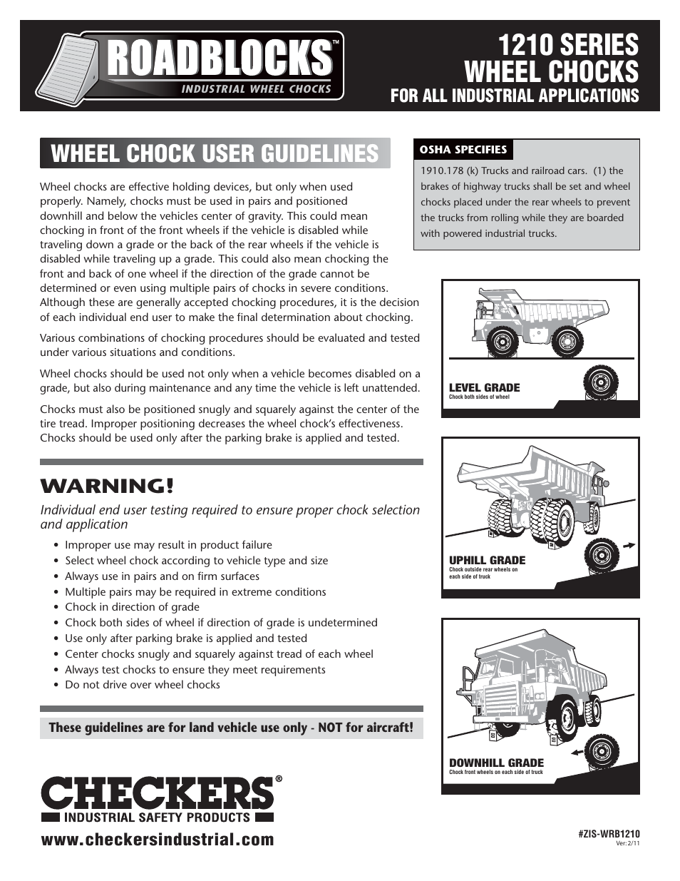 Checkers Roadblocks 1200 Wheel Chocks User Guidelines User Manual | 2 pages