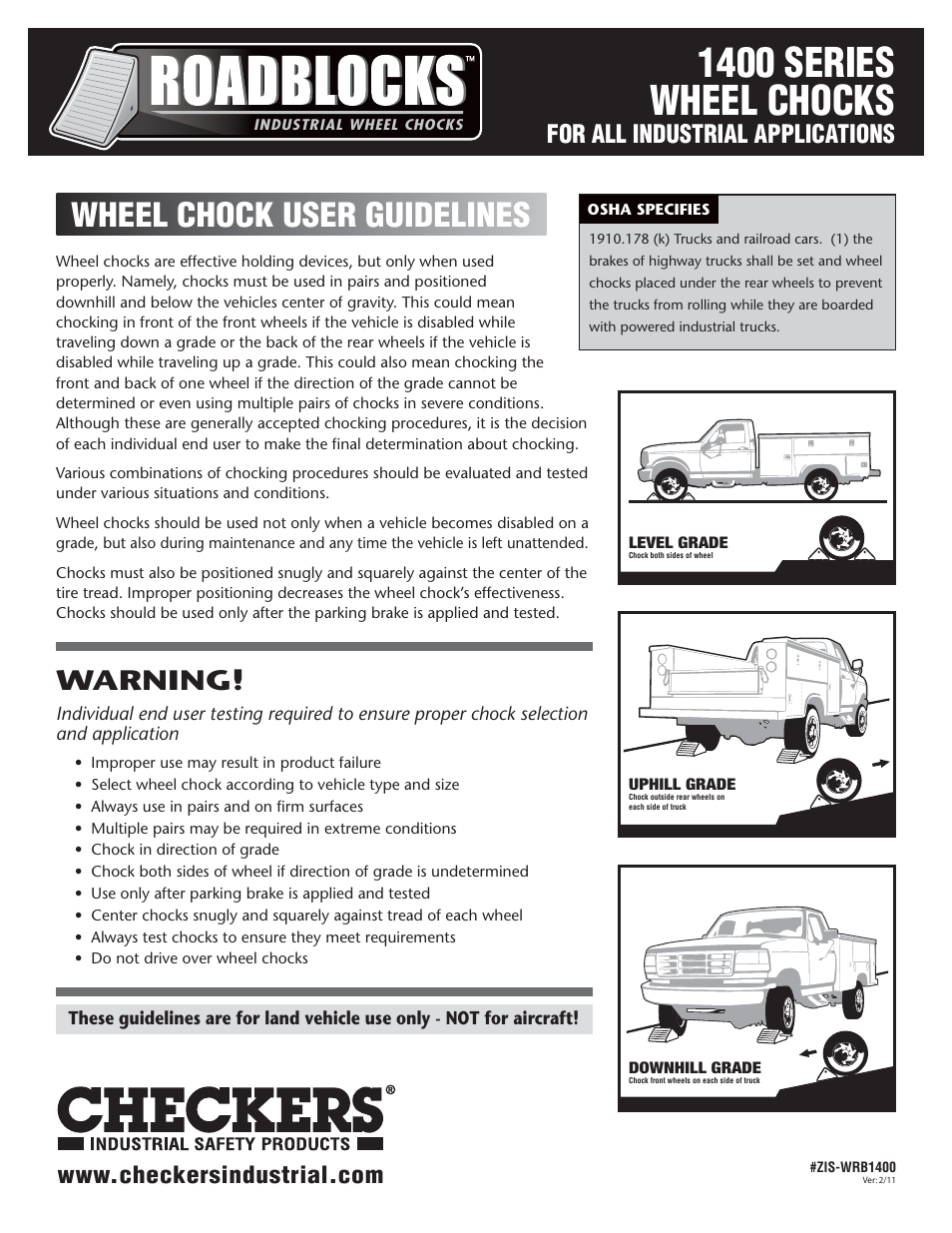 Checkers Roadblocks 1400 Wheel Chocks User Guidelines User Manual | 2 pages