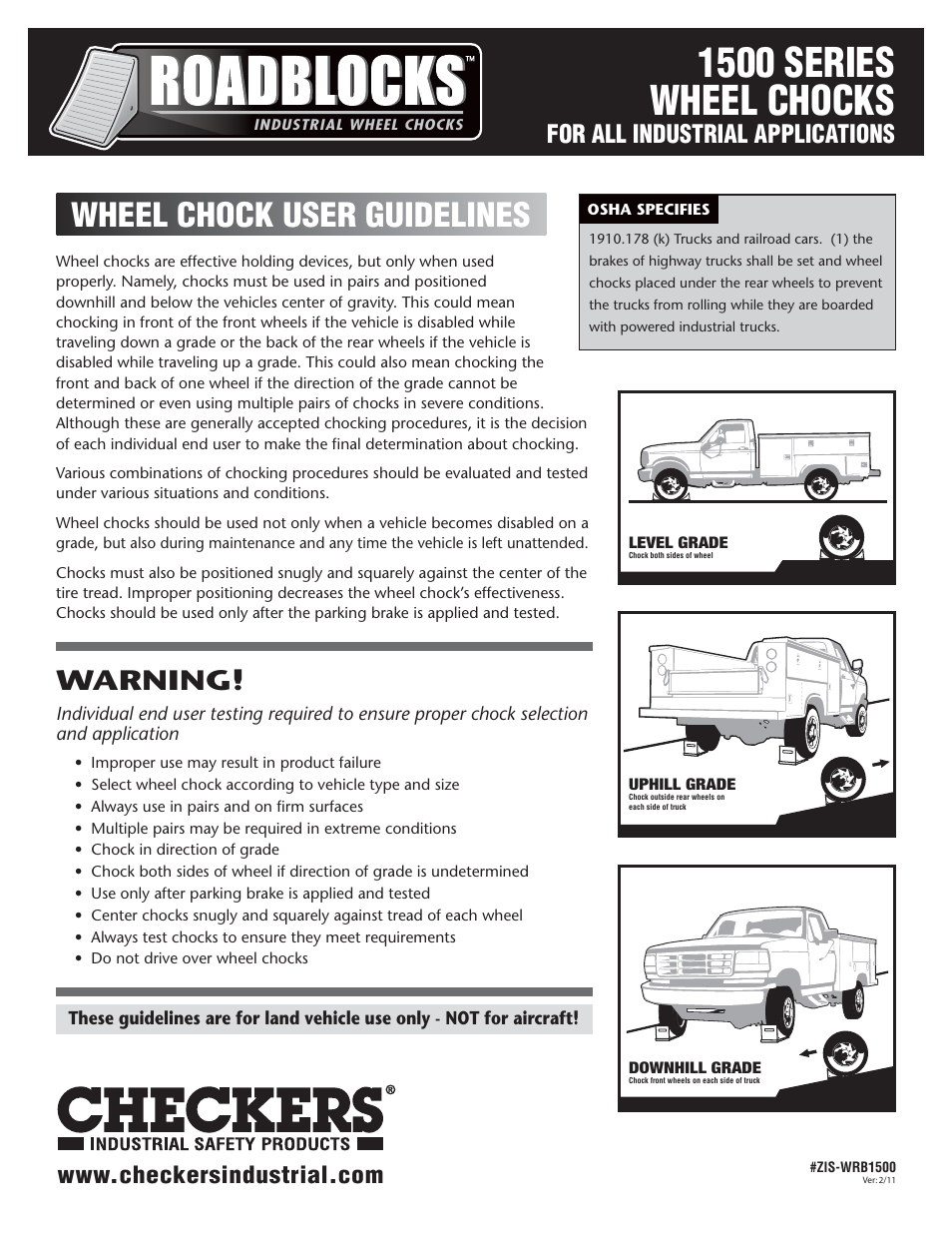 Checkers Roadblocks 1500 Wheel Chocks User Guidelines User Manual | 2 pages