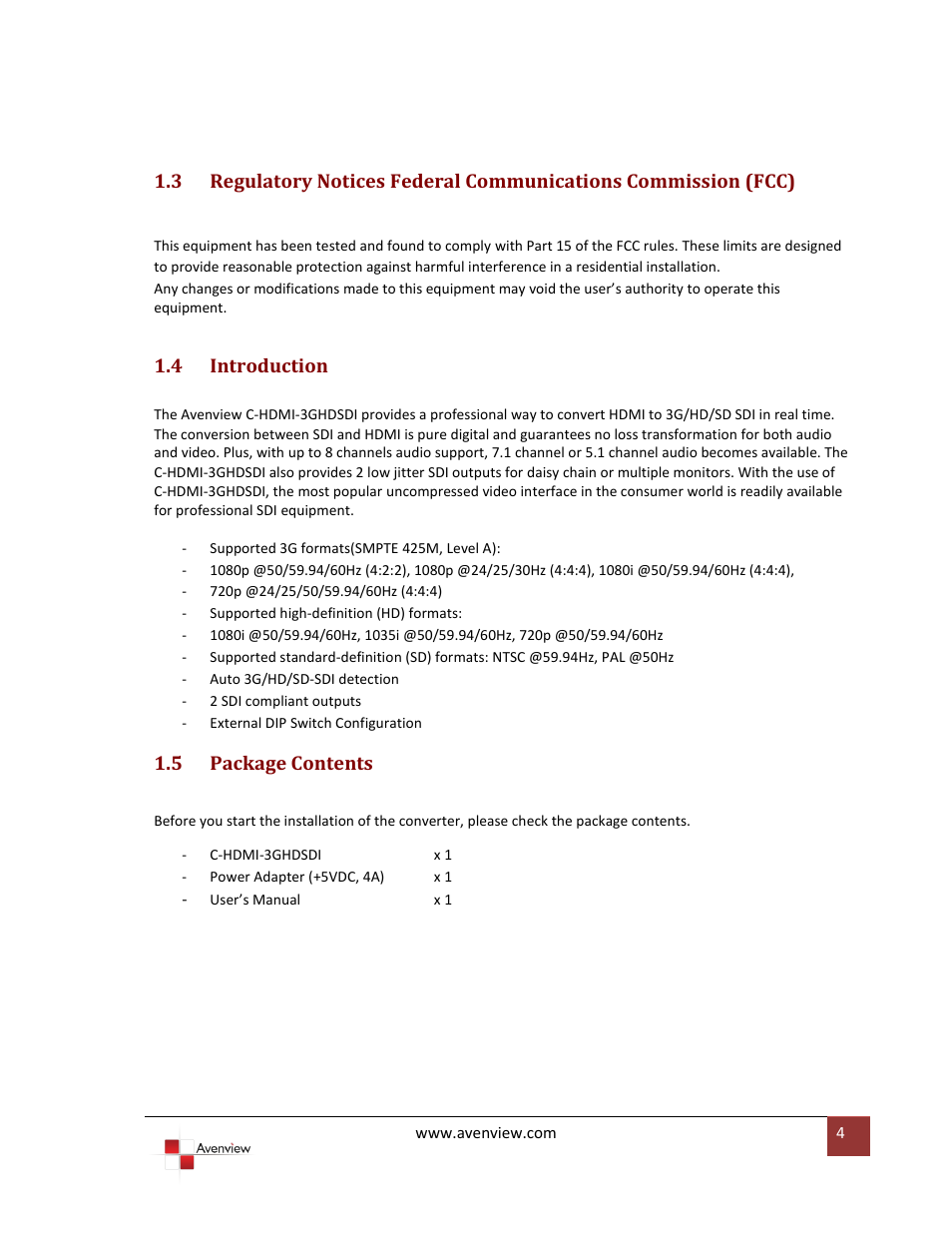 Introduction, Package contents, 4 introduction | 5 package contents | Avenview HDMI 3G/HD/SD-SDI User Manual | Page 4 / 9