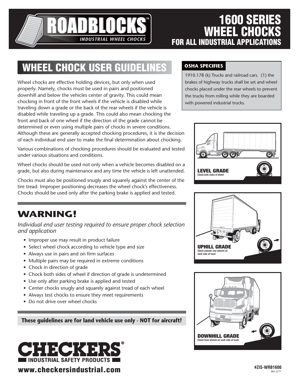 Checkers Roadblocks 1600 Wheel Chocks User Guidelines User Manual | 2 pages