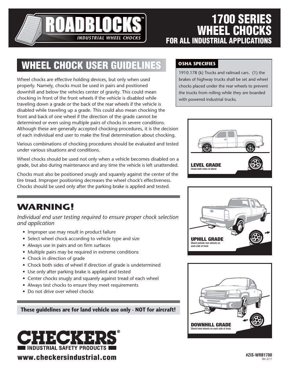 Checkers Roadblocks 1700 Wheel Chocks User Guidelines User Manual | 2 pages