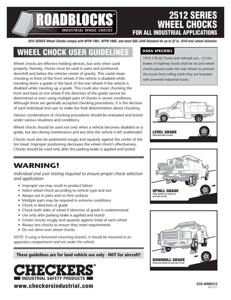 Checkers Roadblocks 2512 Wheel Chocks User Guidelines User Manual | 2 pages