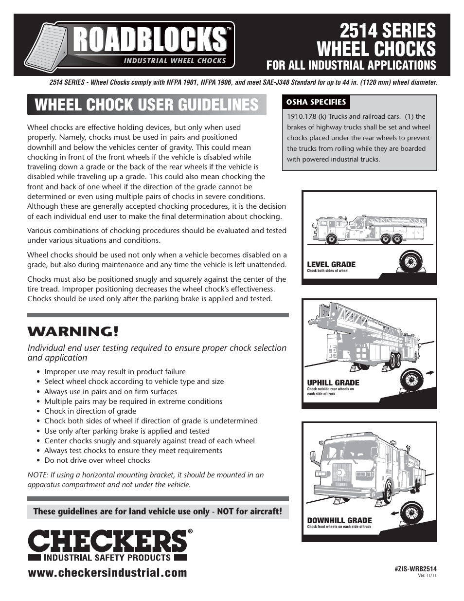 Checkers Roadblocks 2514 Wheel Chocks User Guidelines User Manual | 2 pages