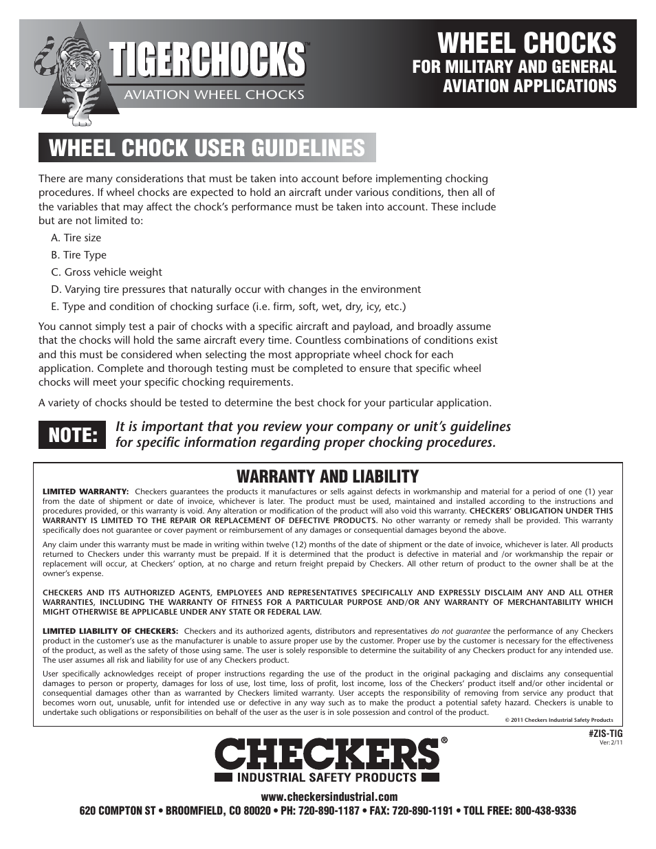 Checkers TigerChocks Aviation Wheel Chocks User Manual | 1 page