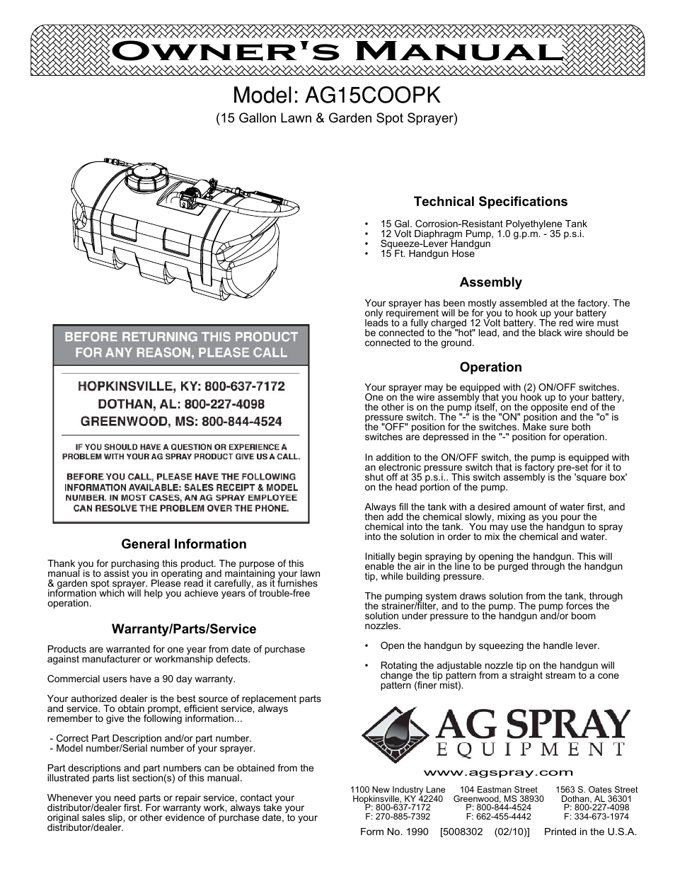 Ag Spray Equipment AG15COOPK User Manual | 3 pages