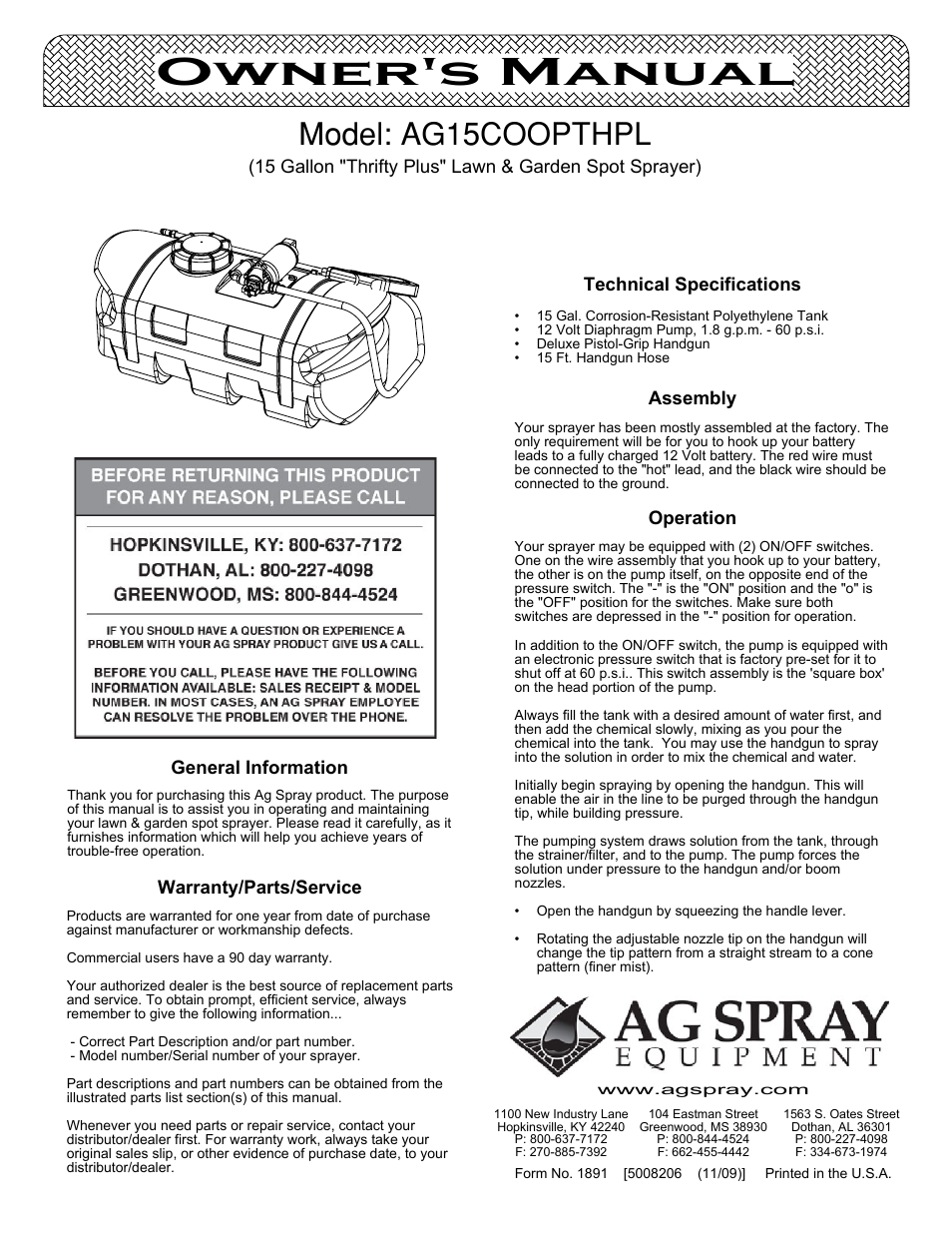 Ag Spray Equipment AG15COOPTHPL User Manual | 3 pages