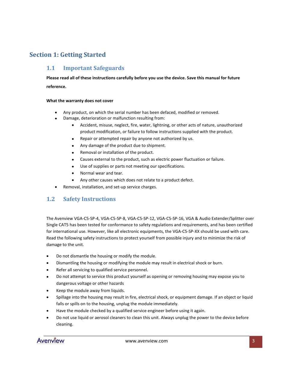 Section 1: getting started, Important safeguards, Safety instructions | 1 important safeguards, 2 safety instructions | Avenview VGA-C5-SP-4 User Manual | Page 3 / 10