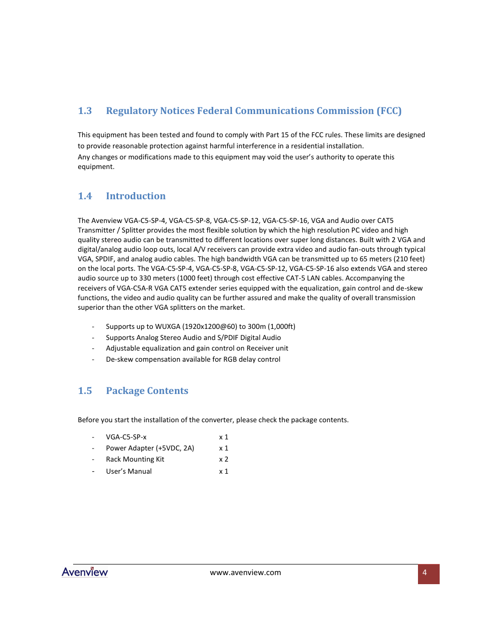 Introduction, Package contents, 4 introduction | 5 package contents | Avenview VGA-C5-SP-4 User Manual | Page 4 / 10