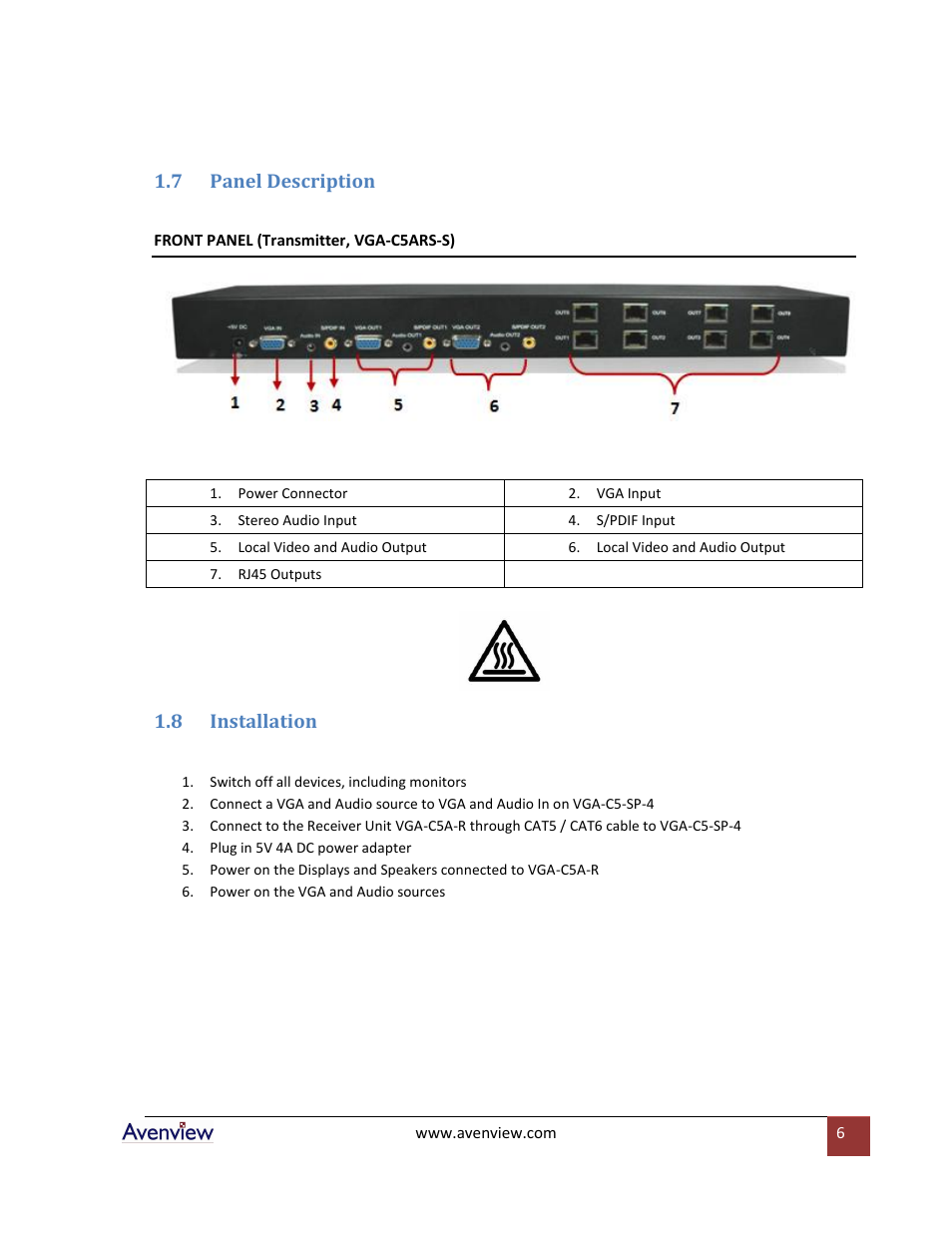 Panel description, Installation, 7 panel description | 8 installation | Avenview VGA-C5-SP-4 User Manual | Page 6 / 10