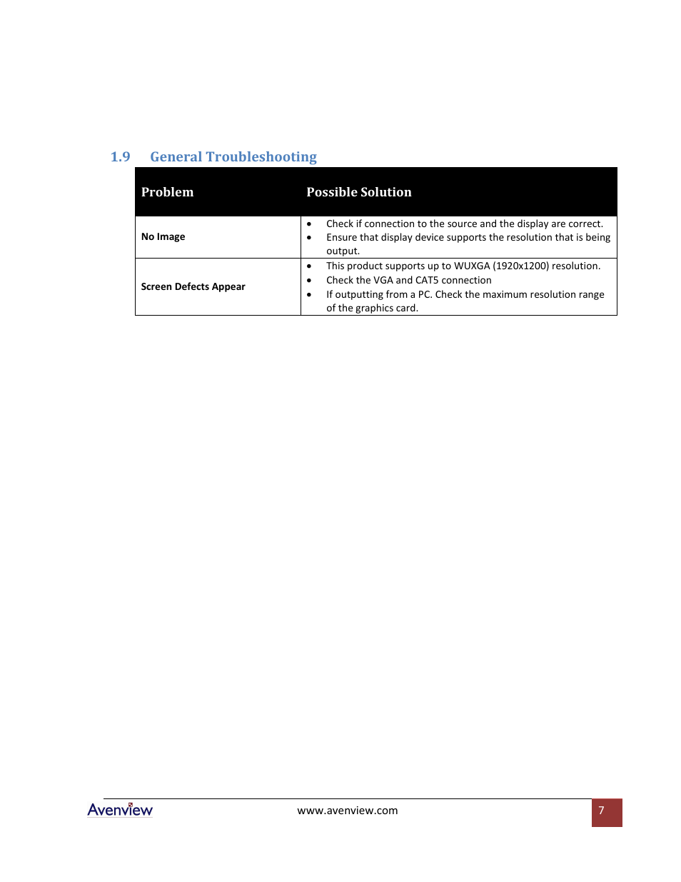 General troubleshooting, 9 general troubleshooting | Avenview VGA-C5-SP-4 User Manual | Page 7 / 10