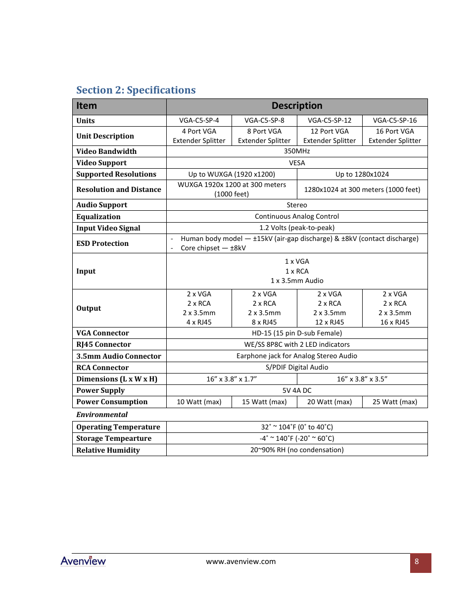 Section 2: specifications | Avenview VGA-C5-SP-4 User Manual | Page 8 / 10