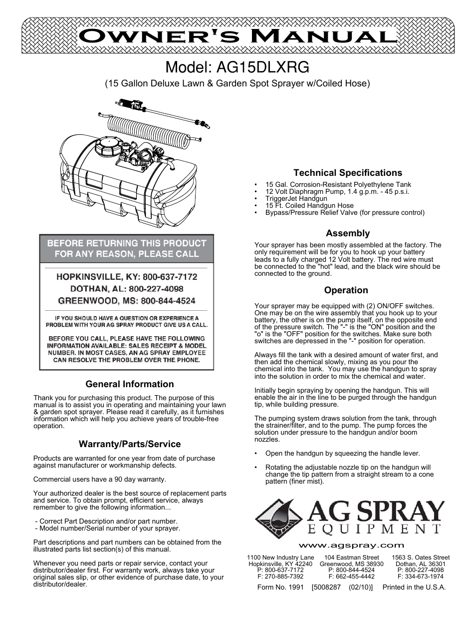 Ag Spray Equipment AG15DLXRG User Manual | 4 pages