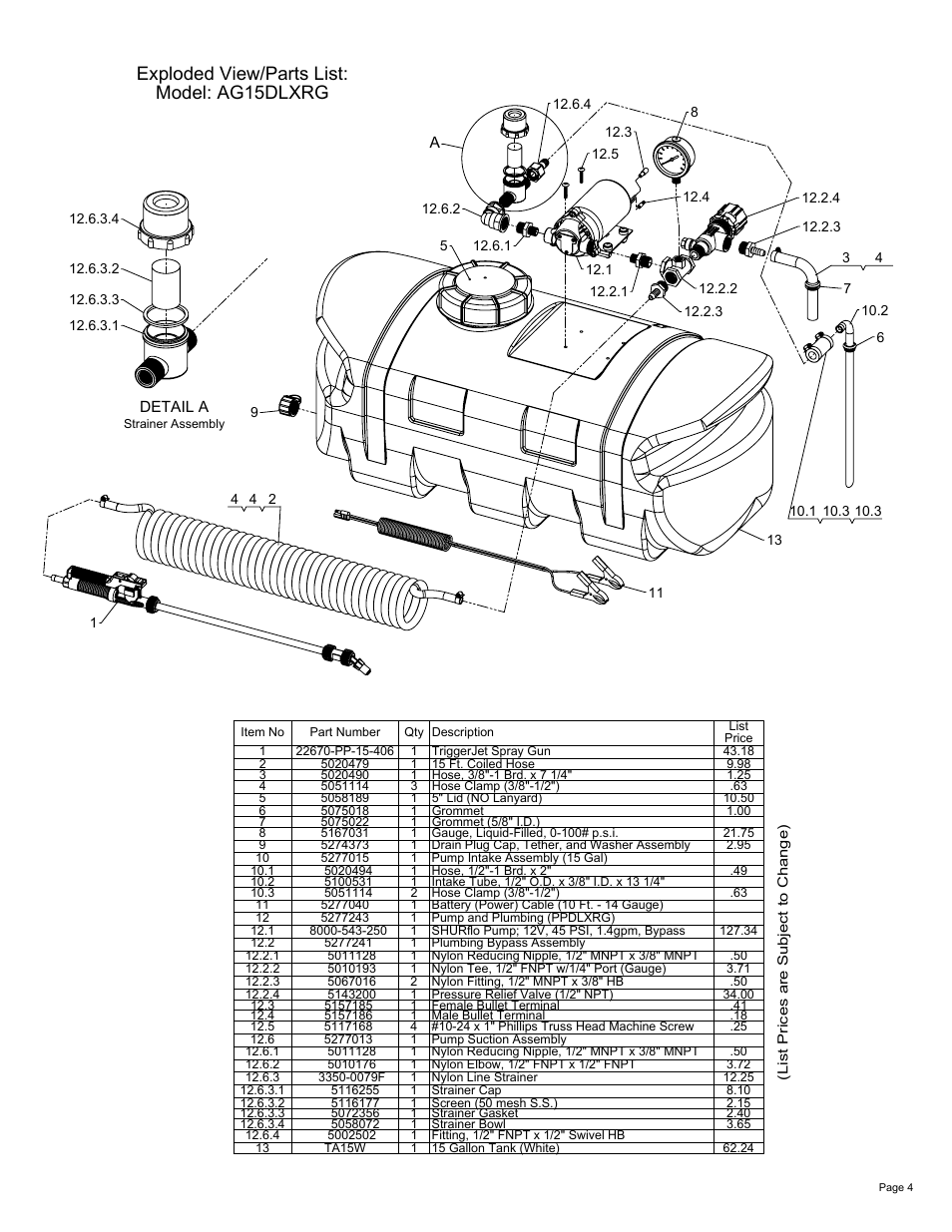 Sheet4, Drawing view12, Detail view a (2 : 7.5) | Exploded view/parts list: model: ag15dlxrg | Ag Spray Equipment AG15DLXRG User Manual | Page 4 / 4