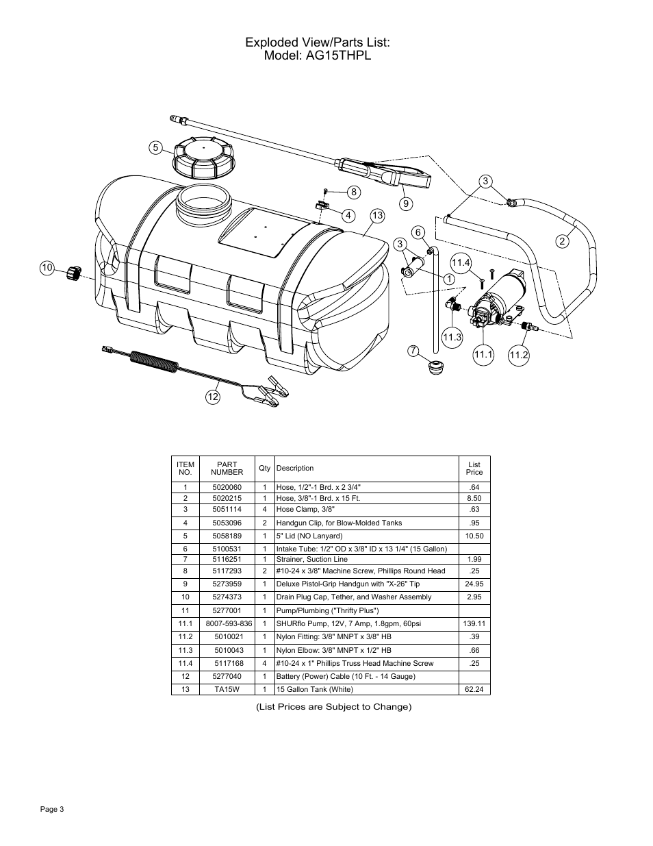 Sheet3, Drawing view9, Exploded view/parts list: model: ag15thpl | Ag Spray Equipment AG15THPL User Manual | Page 3 / 3