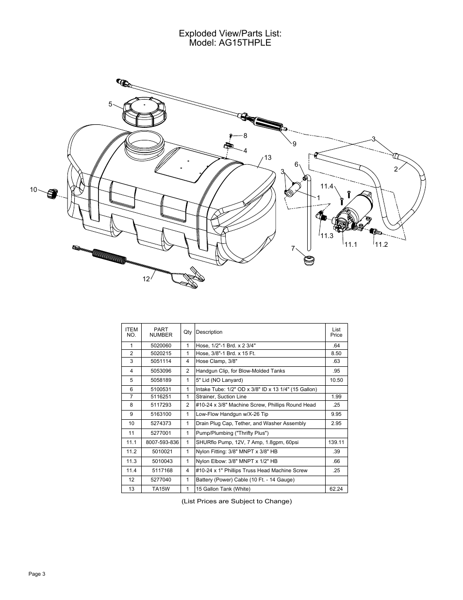 Sheet3, Drawing view9, Exploded view/parts list: model: ag15thple | Ag Spray Equipment AG15THPLE User Manual | Page 3 / 3