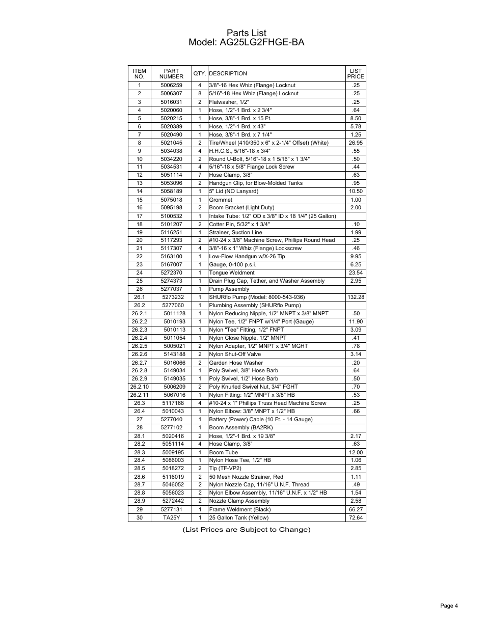 Sheet4, Drawing view5, Parts list model: ag25lg2fhge-ba | Ag Spray Equipment AG25LG2FHGE-BA User Manual | Page 4 / 4