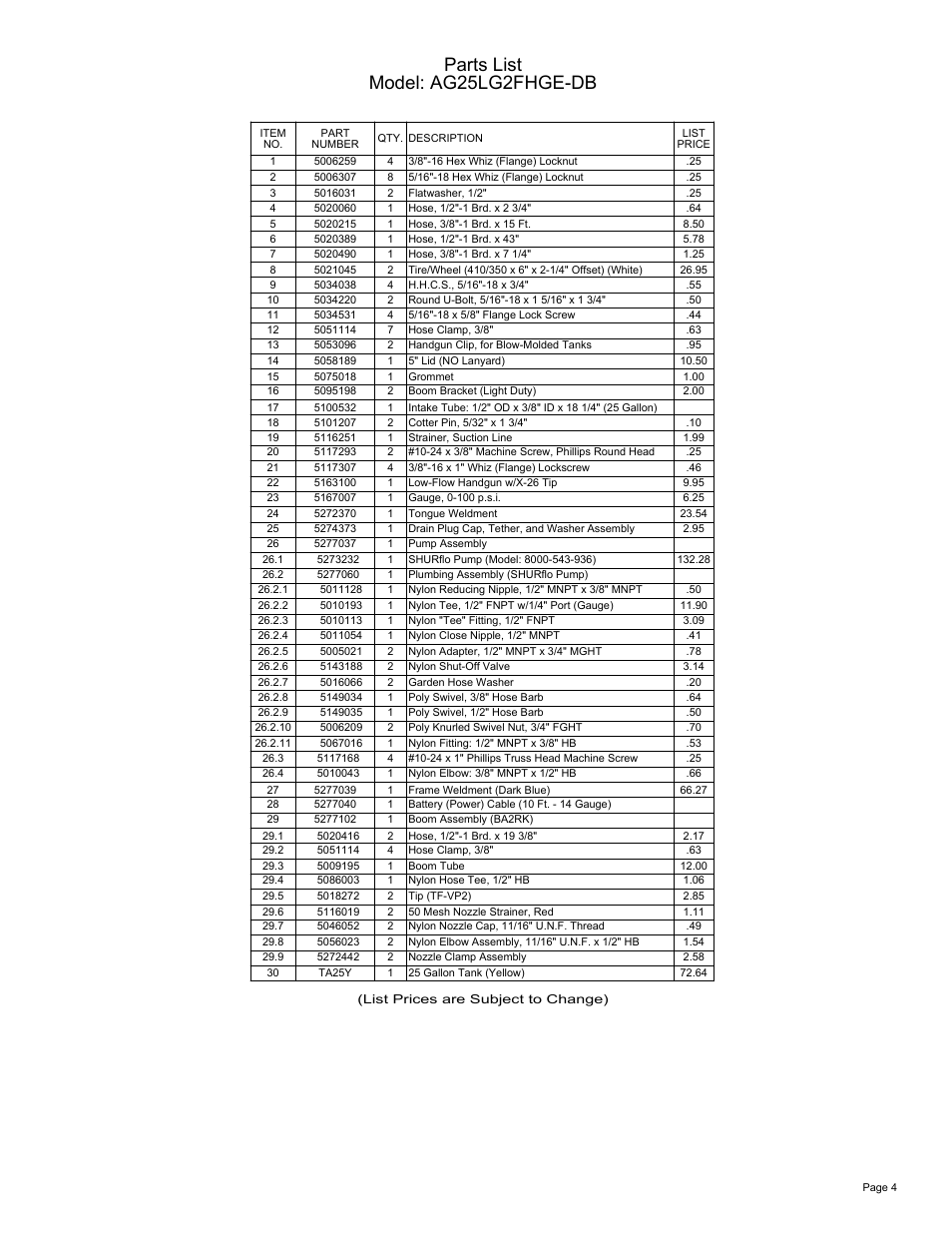 Sheet4, Drawing view5, Parts list model: ag25lg2fhge-db | Ag Spray Equipment AG25LG2FHGE-DB User Manual | Page 4 / 4