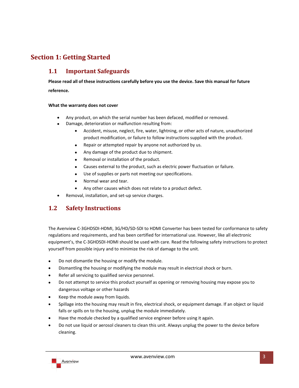 Section 1: getting started, 1 important safeguards, 2 safety instructions | Important safeguards, Safety instructions | Avenview 3G/HD/SD-SDI to HDMI User Manual | Page 3 / 10