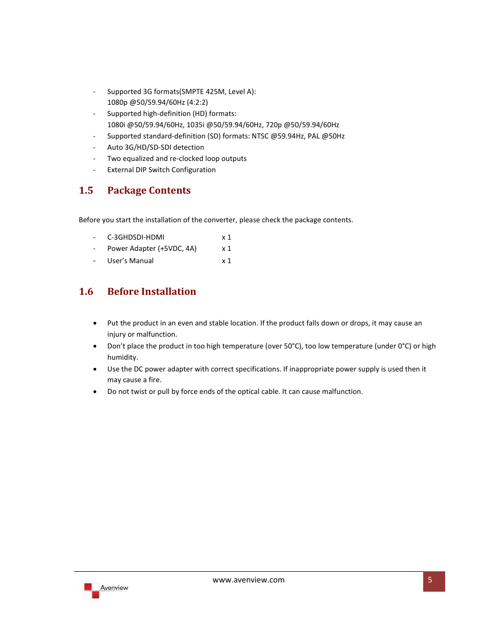 5 package contents, 6 before installation, Package contents | Before installation | Avenview 3G/HD/SD-SDI to HDMI User Manual | Page 5 / 10