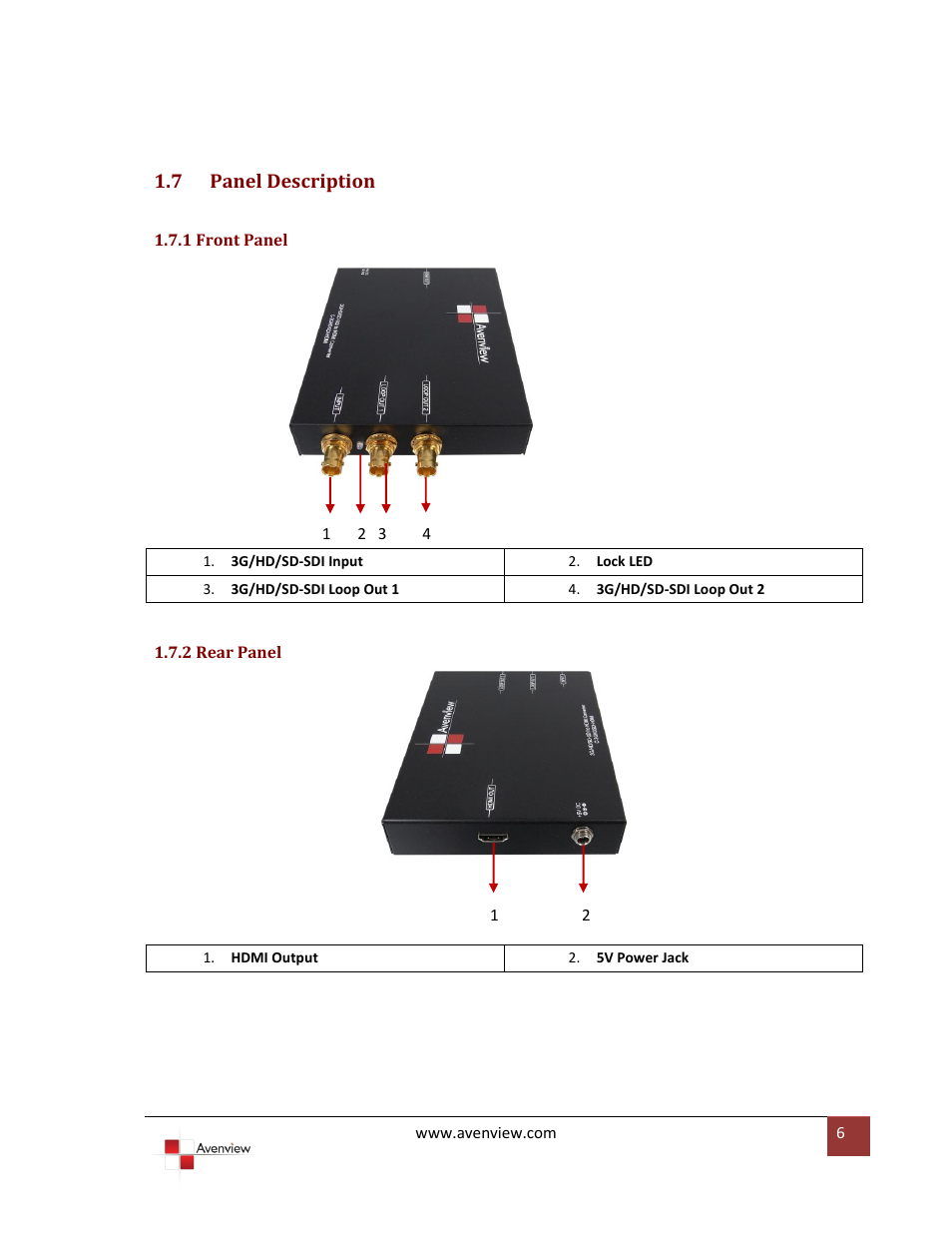7 panel description, 1 front panel, 2 rear panel | Panel description | Avenview 3G/HD/SD-SDI to HDMI User Manual | Page 6 / 10