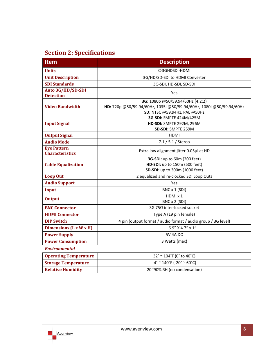 Section 2: specifications | Avenview 3G/HD/SD-SDI to HDMI User Manual | Page 8 / 10