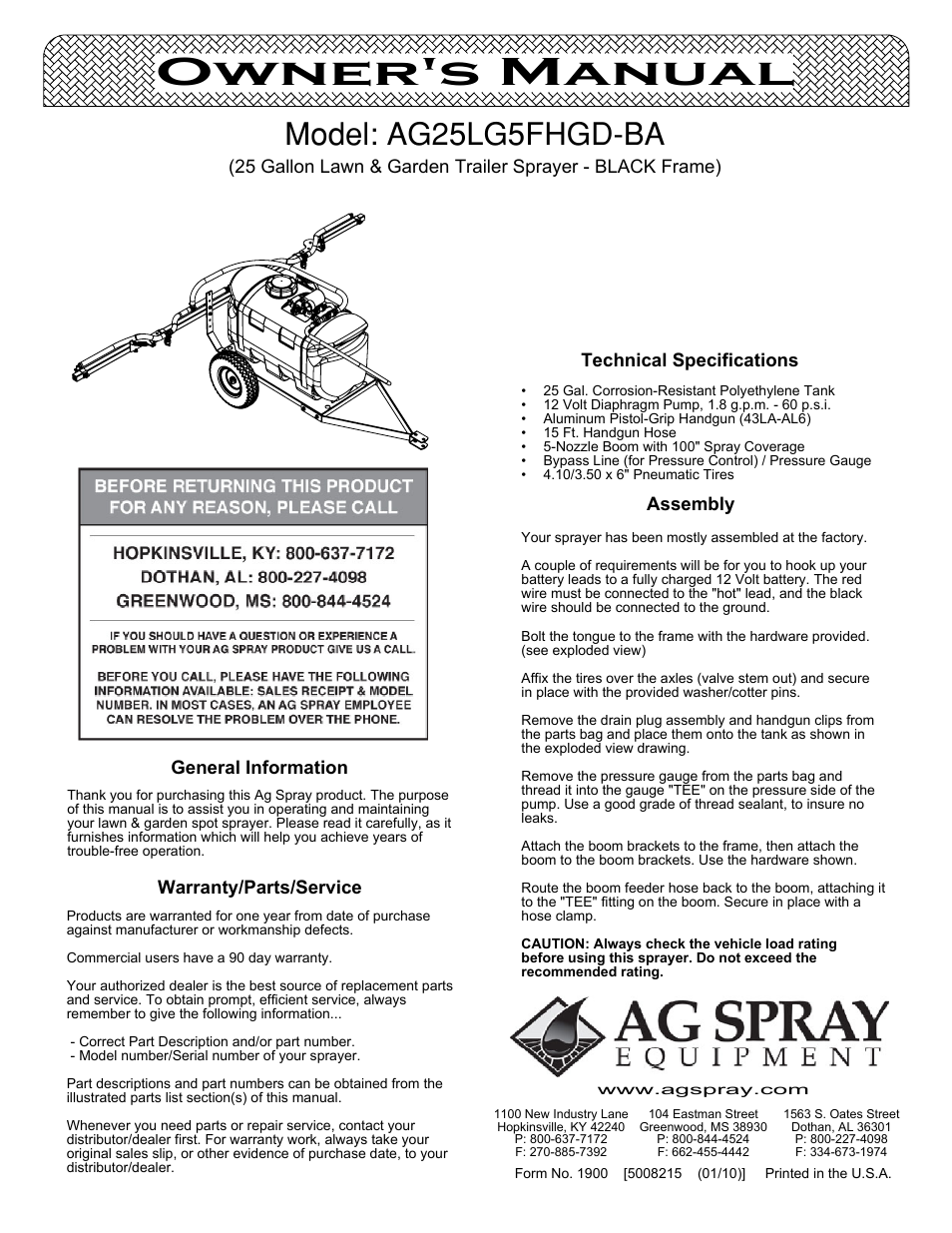 Ag Spray Equipment AG25LG5FHGD-BA User Manual | 4 pages