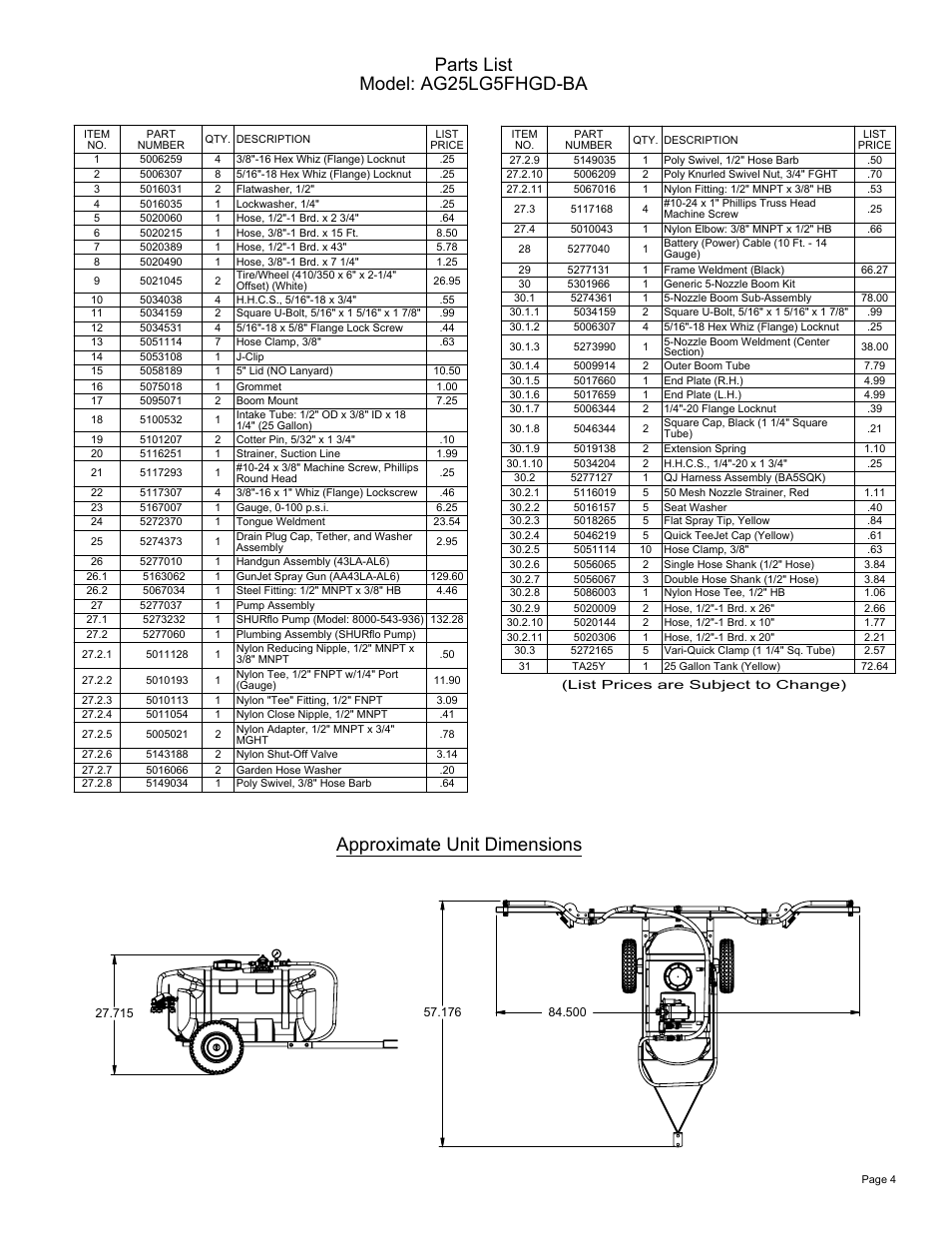 Sheet4, Drawing view5, Drawing view7 | Approximate unit dimensions, Parts list model: ag25lg5fhgd-ba | Ag Spray Equipment AG25LG5FHGD-BA User Manual | Page 4 / 4