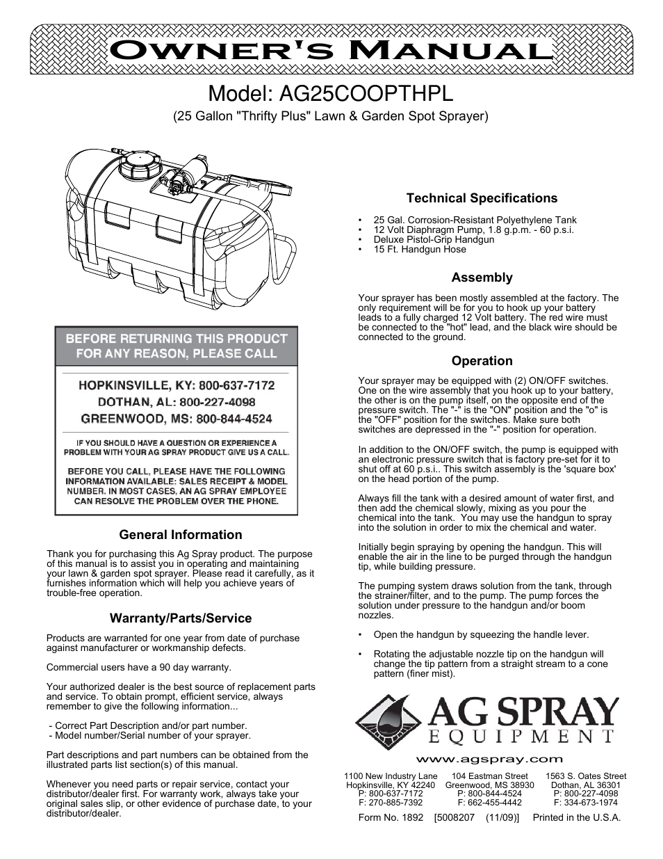 Ag Spray Equipment AG25COOPTHPL User Manual | 3 pages