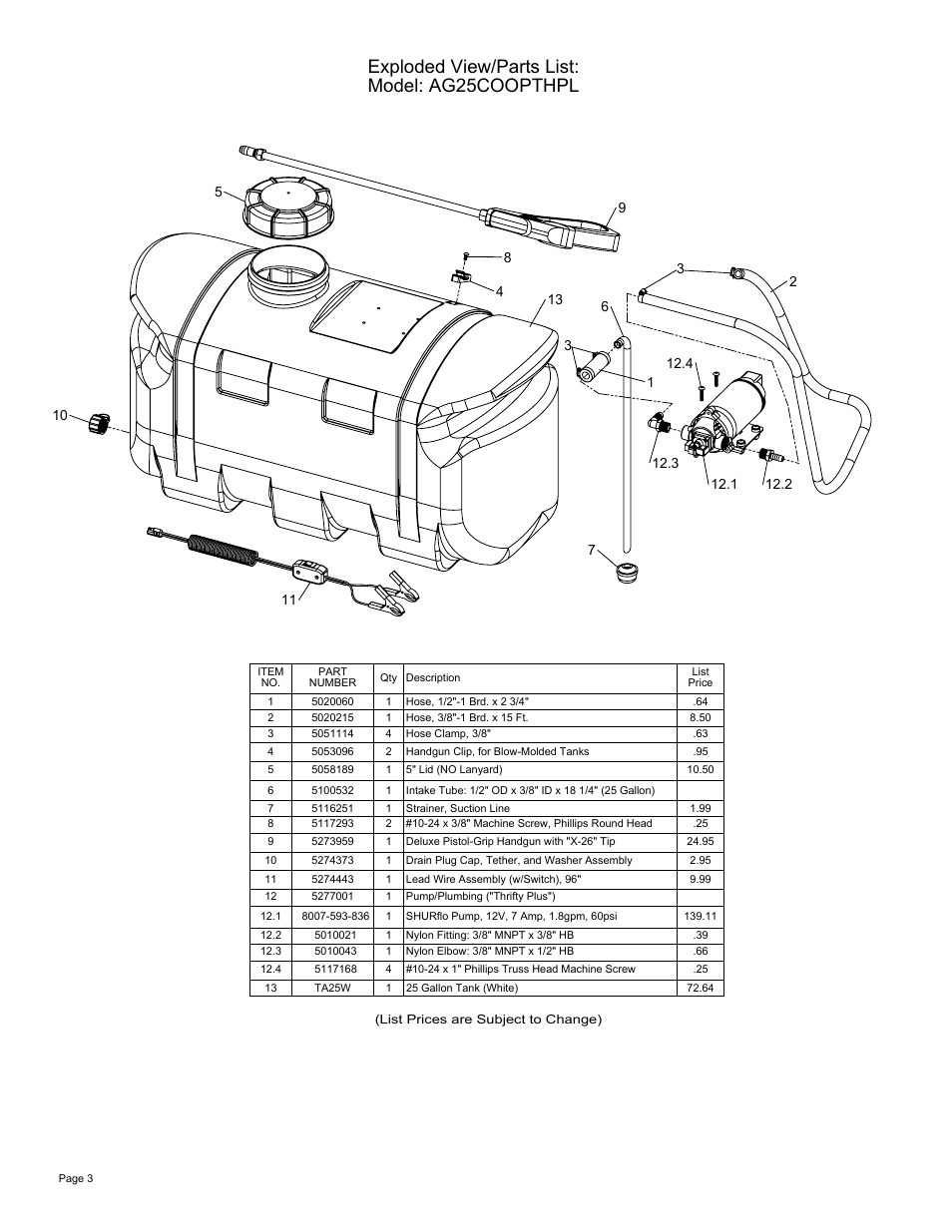 Sheet3, Drawing view9, Exploded view/parts list: model: ag25coopthpl | Ag Spray Equipment AG25COOPTHPL User Manual | Page 3 / 3