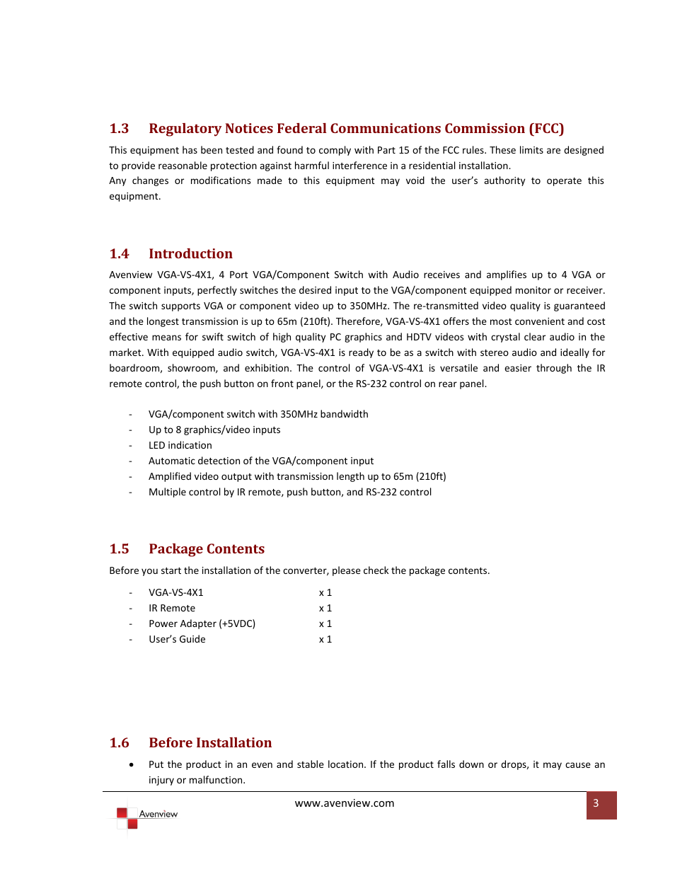 Introduction, Package contents, Before installation | 4 introduction, 5 package contents, 6 before installation | Avenview VGA-VS-4X1 User Manual | Page 4 / 10