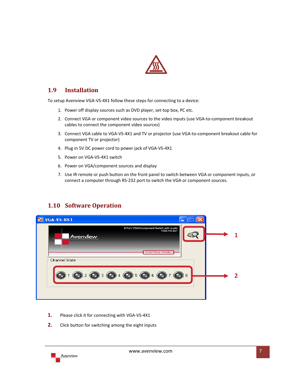 Installation, Software operation | Avenview VGA-VS-4X1 User Manual | Page 8 / 10