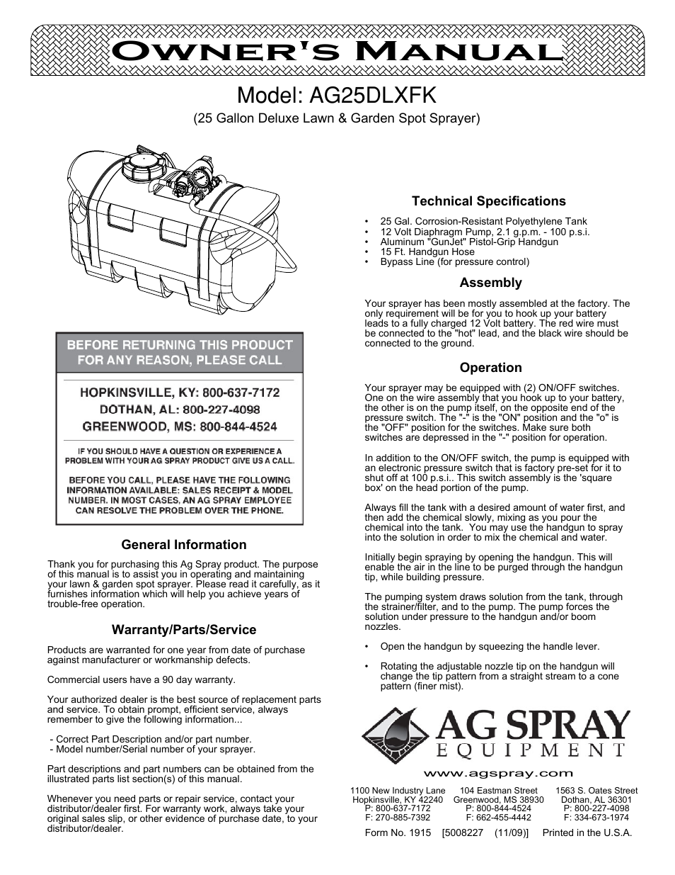 Ag Spray Equipment AG25DLXRG User Manual | 3 pages