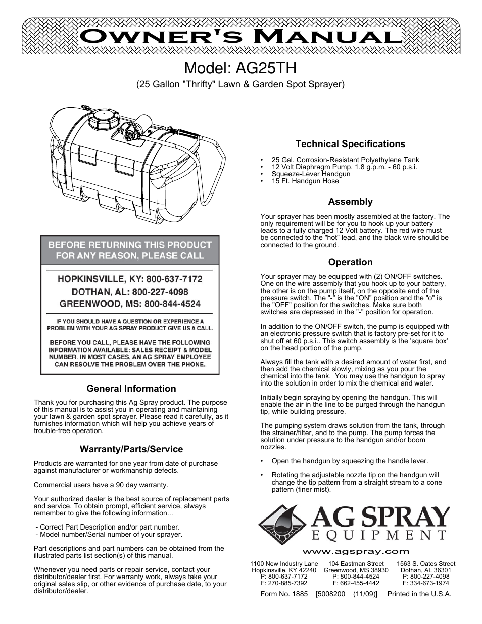 Ag Spray Equipment AG25TH User Manual | 3 pages