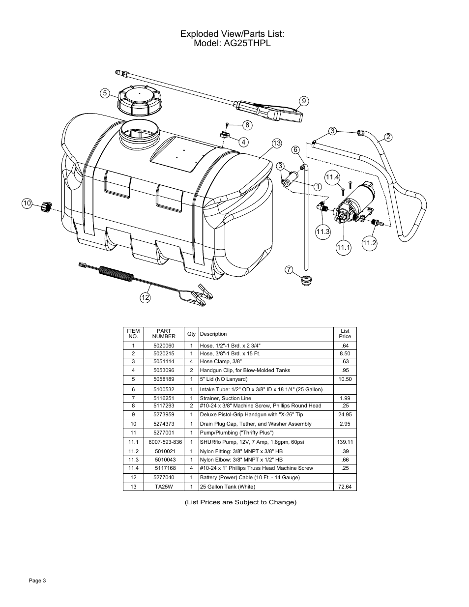 Sheet3, Drawing view9, Exploded view/parts list: model: ag25thpl | Ag Spray Equipment AG25THPL User Manual | Page 3 / 3