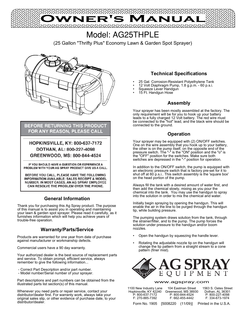 Ag Spray Equipment AG25THPLE User Manual | 3 pages