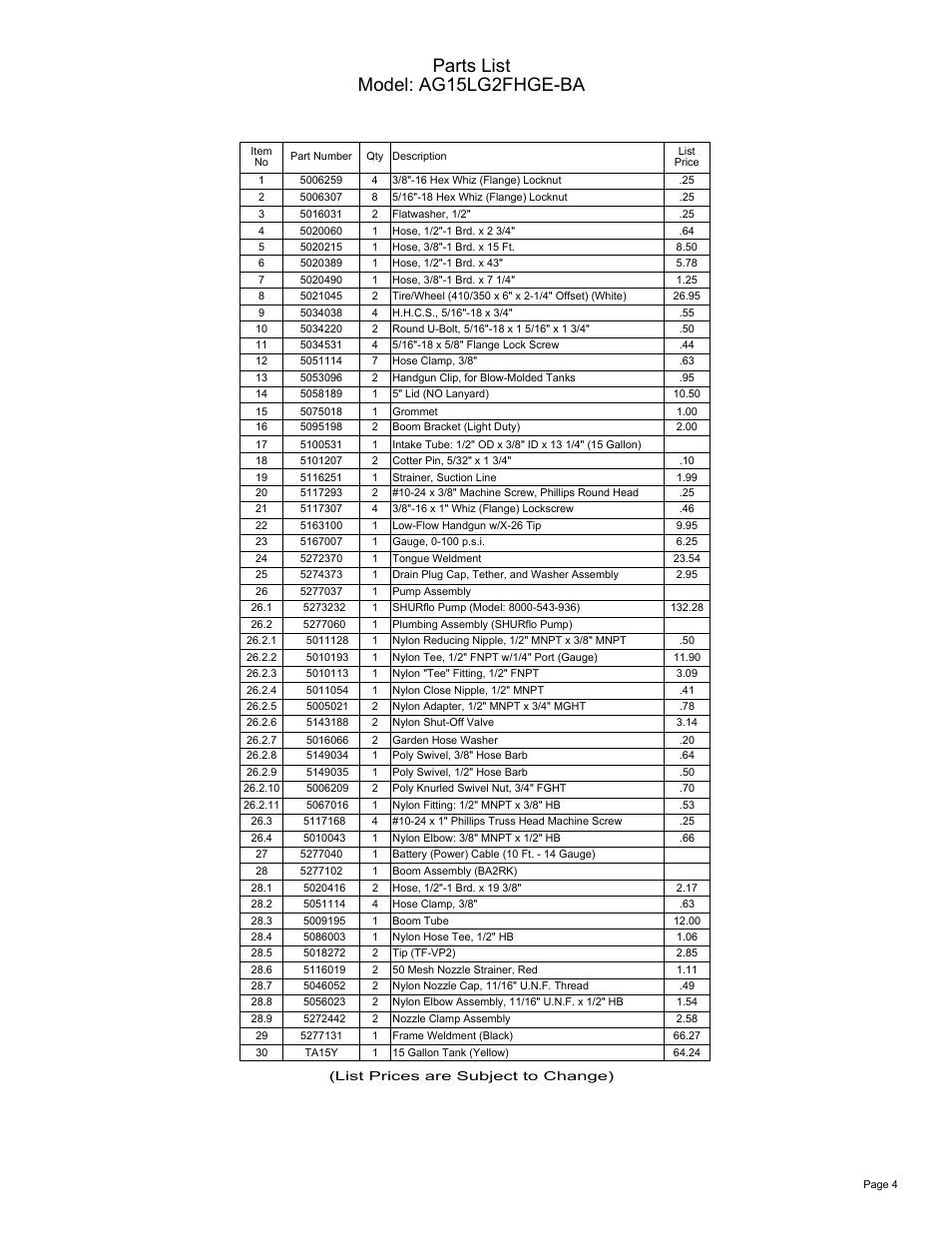 Sheet4, Drawing view5, Parts list model: ag15lg2fhge-ba | Ag Spray Equipment AG15LG2FHGE-BA User Manual | Page 4 / 4