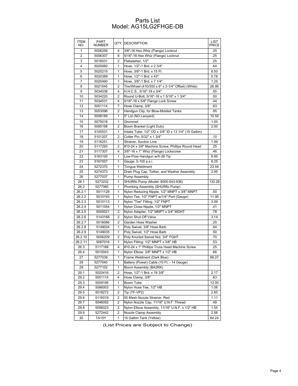 Sheet4, Drawing view5, Parts list model: ag15lg2fhge-db | Ag Spray Equipment AG15LG2FHGE-DB User Manual | Page 4 / 4