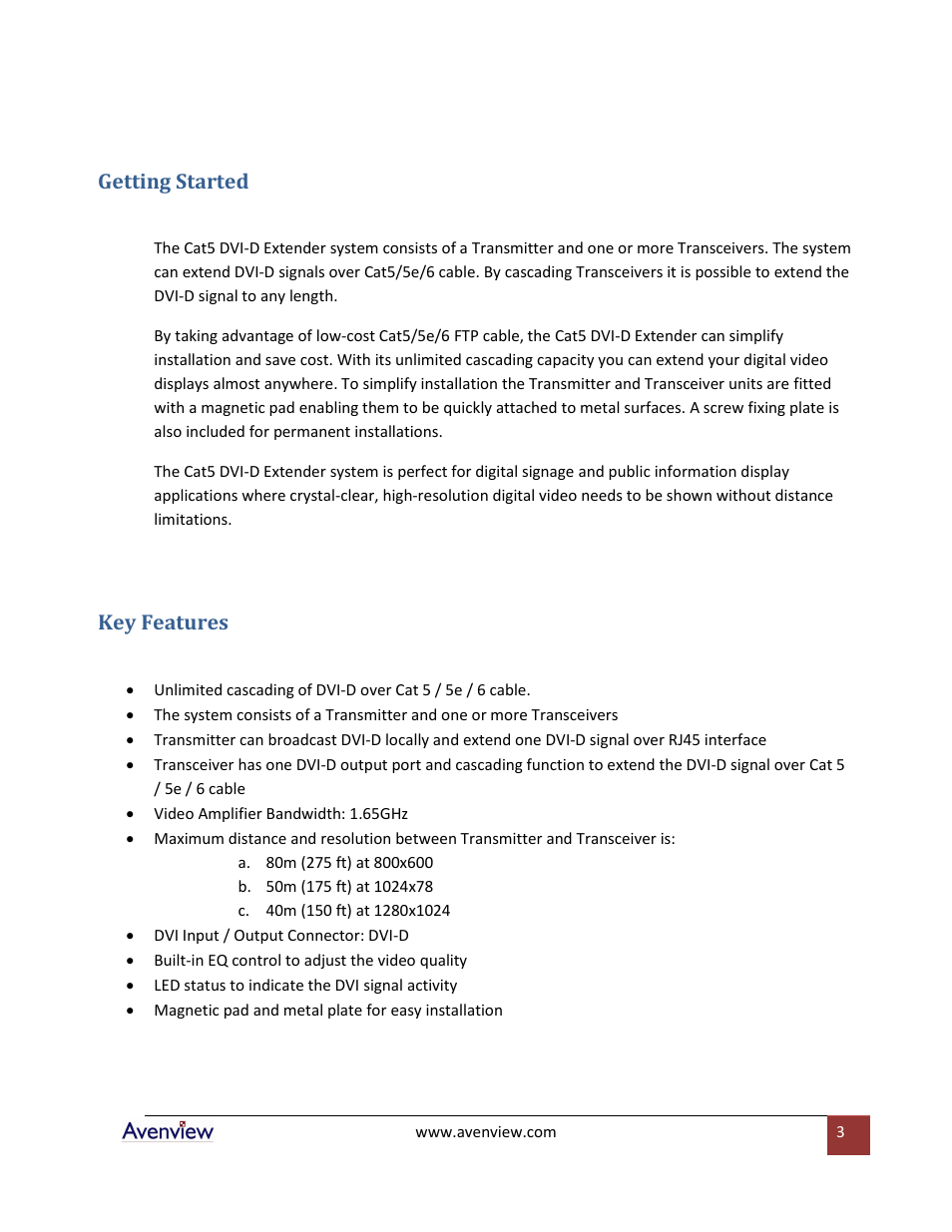 Getting started, Key features | Avenview Cat5 User Manual | Page 3 / 13