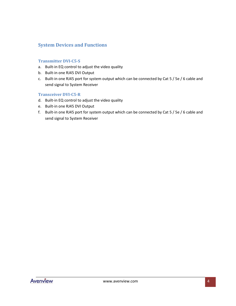 System devices and functions, Dvi-c5-s transmitter, Dvi-c5-r transceiver | Avenview Cat5 User Manual | Page 4 / 13