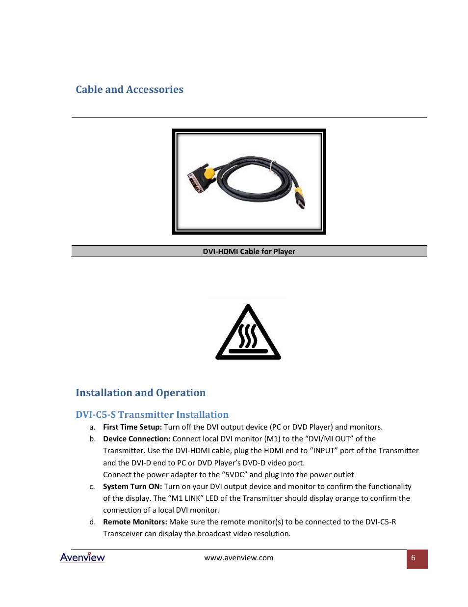 Cable and accessories, Installation and operation, Dvi-c5-s transmitter installation | Avenview Cat5 User Manual | Page 6 / 13