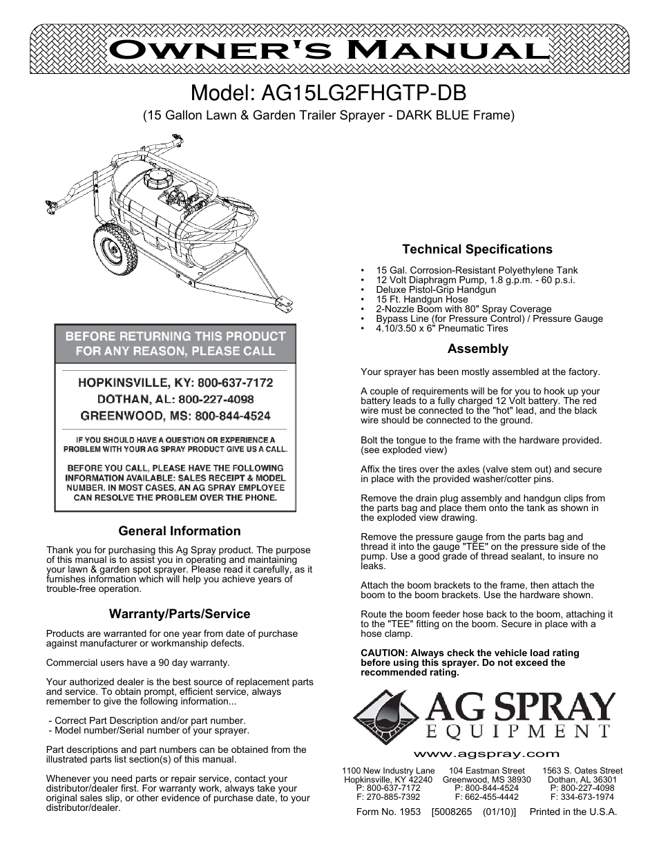 Ag Spray Equipment AG15LG2FHGTP-DB User Manual | 4 pages